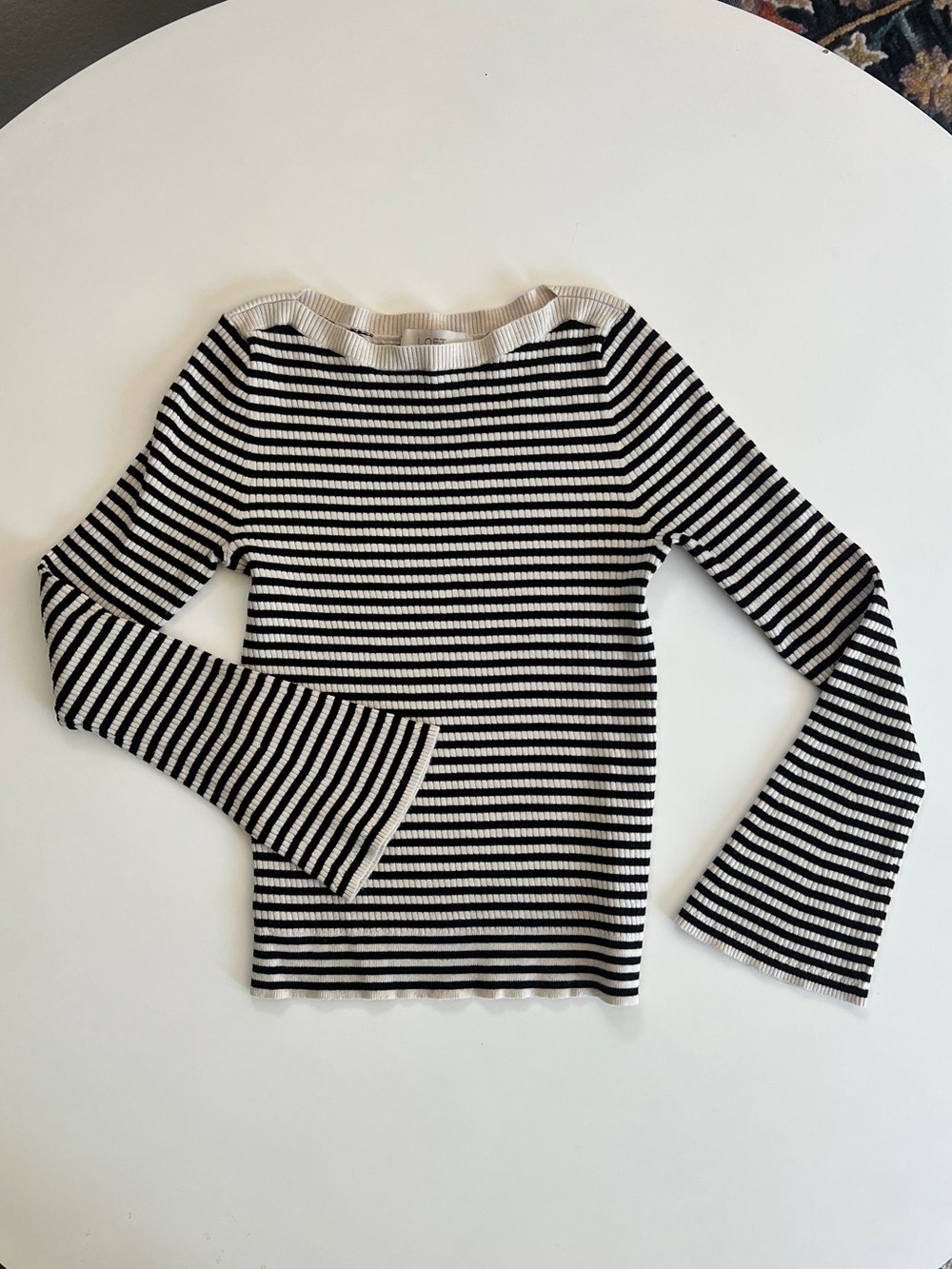 LOFT Women’s Black and White Striped Ribbed Long Sleeve Top